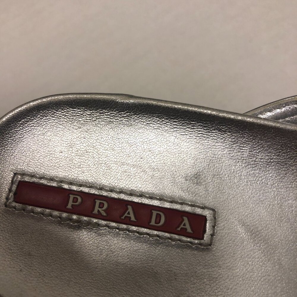 Prada silver platform wedge T-strap open toe leat… - image 5